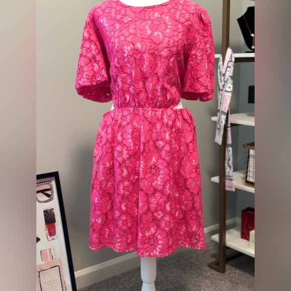 WAYF Plaza Lace Mini Dress Magenta Round Neck Zip Closure Short Sleeve NWT XL - Picture 4 of 6